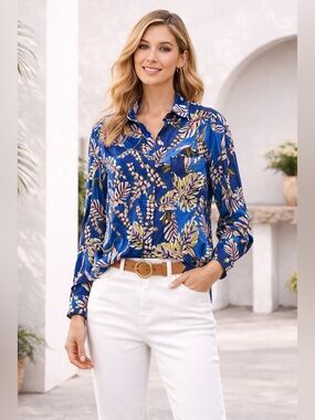 Free People Blue Tropical Blouse Tie Front or Classic Fit Size S